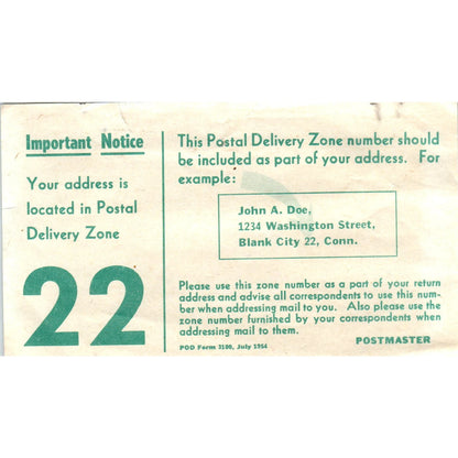 1954 USPS New Postal Delivery Zone Notification Notice AE2