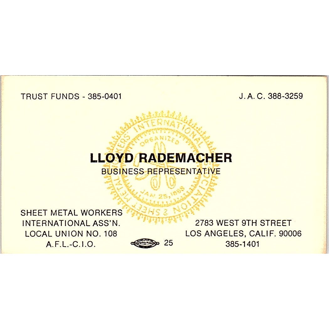Lloyd Rademacher Sheet Metal Workers No. 108 Los Angeles Business Card SC9-B13