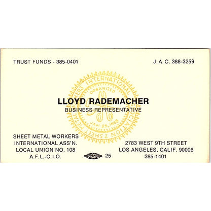 Lloyd Rademacher Sheet Metal Workers No. 108 Los Angeles Business Card SC9-B13