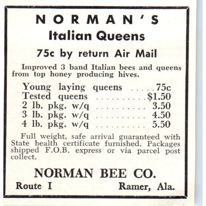 Norman Bee Co Italian Queens Ramer Alabama 1964 Magazine Ad AB6-S14