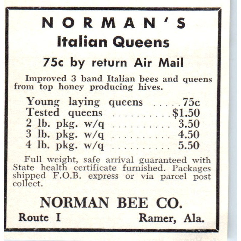 Norman Bee Co Italian Queens Ramer Alabama 1964 Magazine Ad AK5-S36