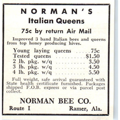 Norman Bee Co Italian Queens Ramer Alabama 1964 Magazine Ad AK5-S36