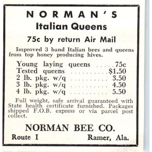 Norman Bee Co Italian Queens Ramer Alabama 1964 Magazine Ad AK5-S36