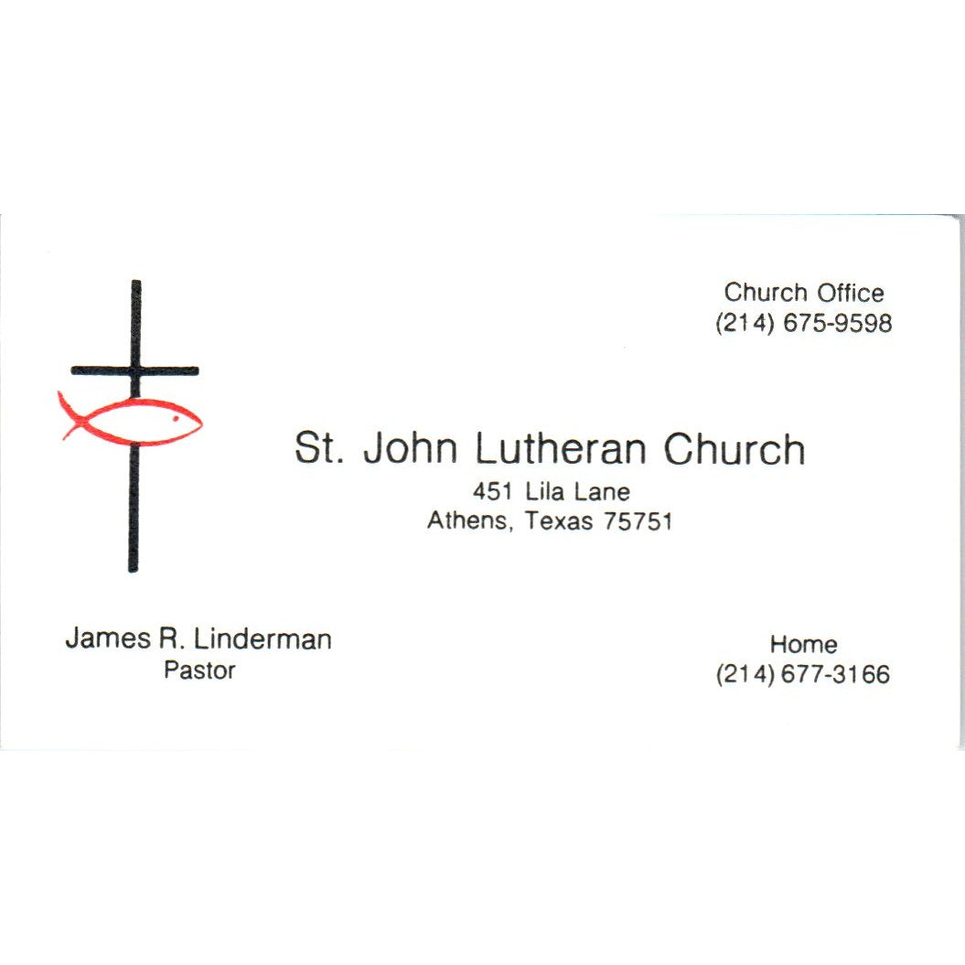 James R. Linderman St. John Lutheran Church Athens TX Vtg Business Card SD8-B4