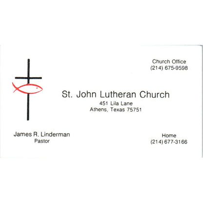 James R. Linderman St. John Lutheran Church Athens TX Vtg Business Card SD8-B4