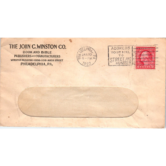 1922 John C. Winston Co Book & Bible Philadelphia Postal Cover Envelope TG7-PC3
