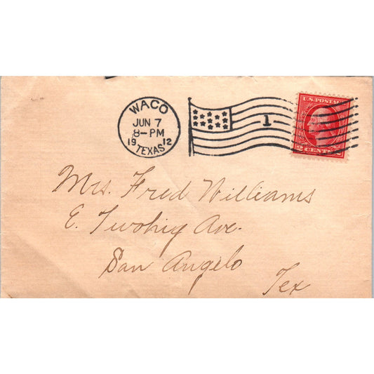 1912 Waco Texas to Fred Williams San Angelo TX Postal Cover Envelope TG7-PC2
