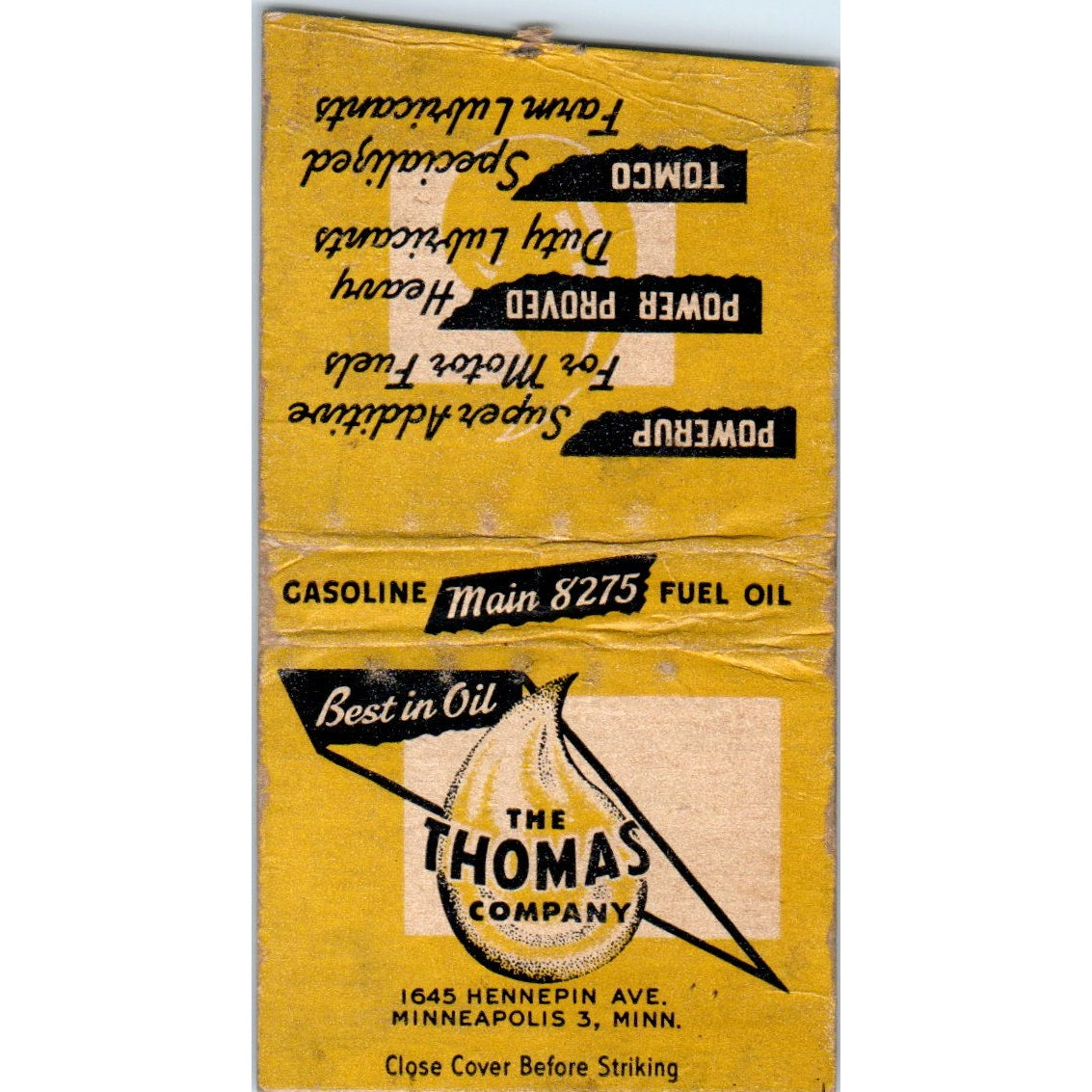 The Thomas Company Oil Gasoline Minneapolis MN Vintage Matchbook Cover SF4-Y7