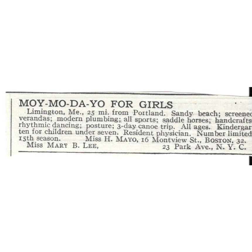 Moy-Mo-Da-Yo For Girls New York NY Miss H. Mayo Miss Mary B. Lee c1920 Ad AG4-S7