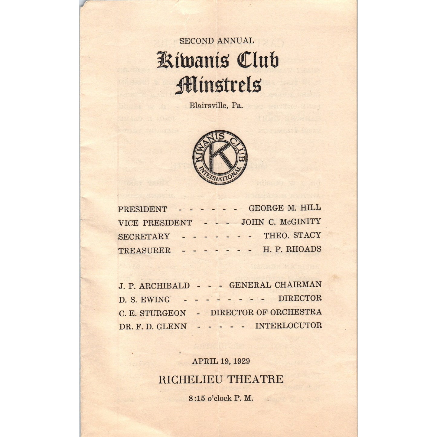 1929 Kiwanis Club Minstrels Blairsville PA Richelieu Theatre Program AD8-R5
