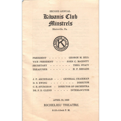 1929 Kiwanis Club Minstrels Blairsville PA Richelieu Theatre Program AD8-R5