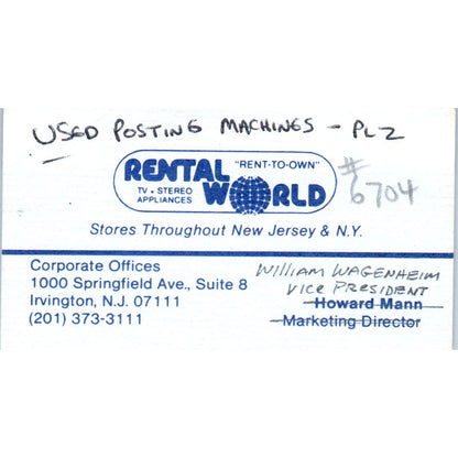 William Wagenheim Rental World Irvington NJ Vintage Business Card SD8-B4