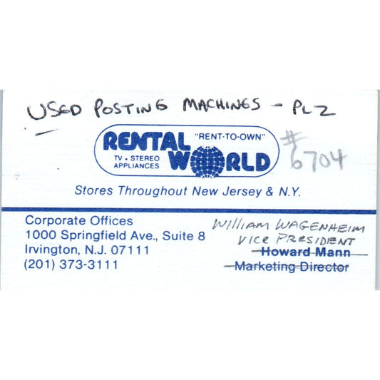 William Wagenheim Rental World Irvington NJ Vintage Business Card SD8-B4