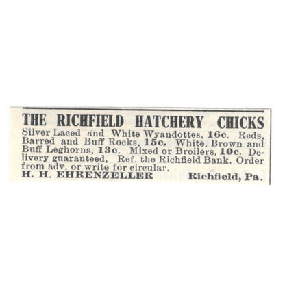 The Richfield Hatchery Chicks H.H. Ehrenzeller Richfield PA 1924 Ad AG3-S5