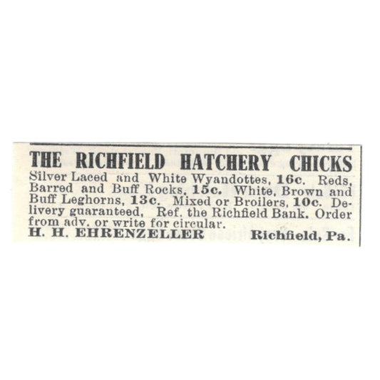 The Richfield Hatchery Chicks H.H. Ehrenzeller Richfield PA 1924 Ad AG3-S5