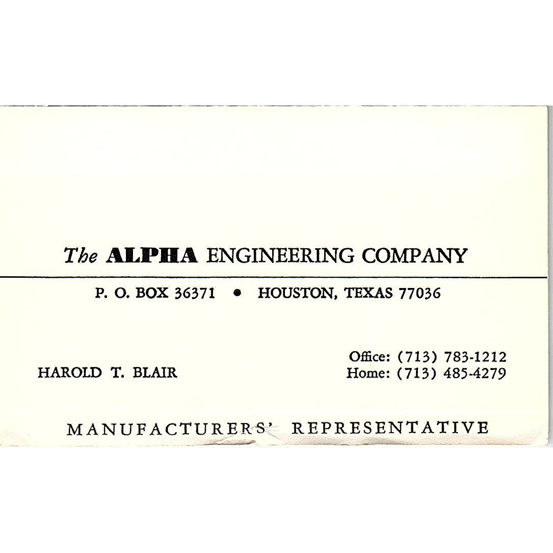 Harold T Blair The Alpha Engineering Co Houston TX Vintage Business Card TH2-B1