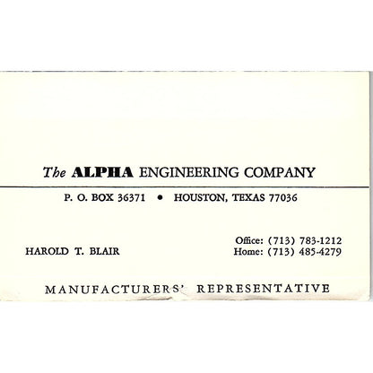 Harold T Blair The Alpha Engineering Co Houston TX Vintage Business Card TH2-B1