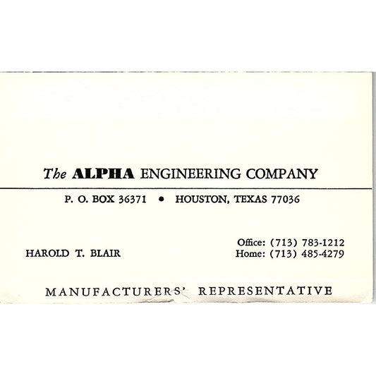 Harold T Blair The Alpha Engineering Co Houston TX Vintage Business Card TH2-B1