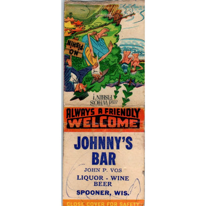 Johnny's Bar John P. Vos Spooner WI Vintage Matchbook Cover SD2-Y11