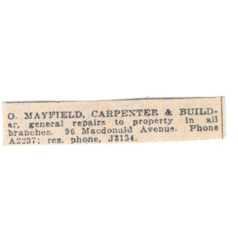 O. Mayfield Carpenter & Builder 96 MacDonald Ave Winnipeg 1920 Ad AG2-S14