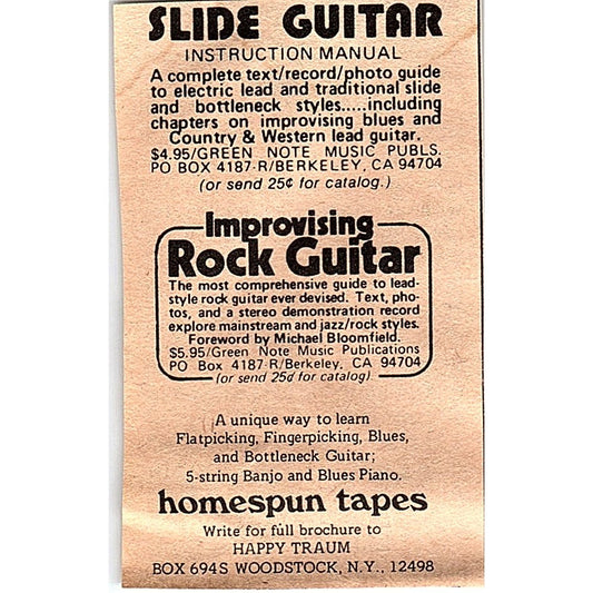 Homespun Tapes Guitar Instruction Happy Traum Woodstock NY 2x3 1974 Ad AF6-M1