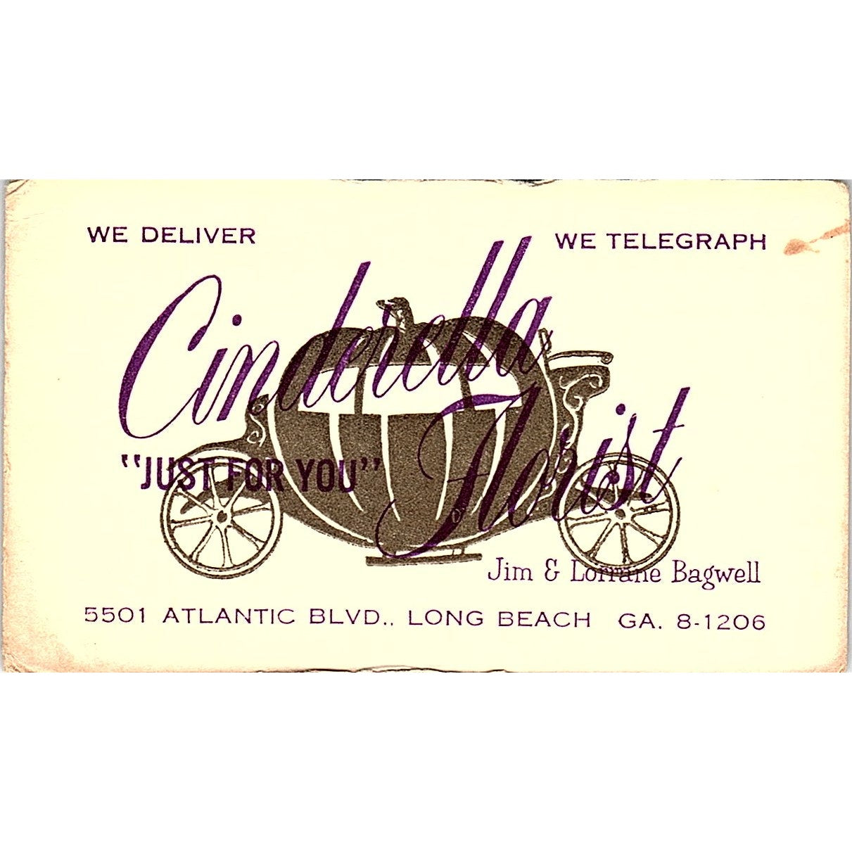 Cinderella Florist Jim & Lorraine Bagwell Long Beach Vtg Business Card TH2-B1