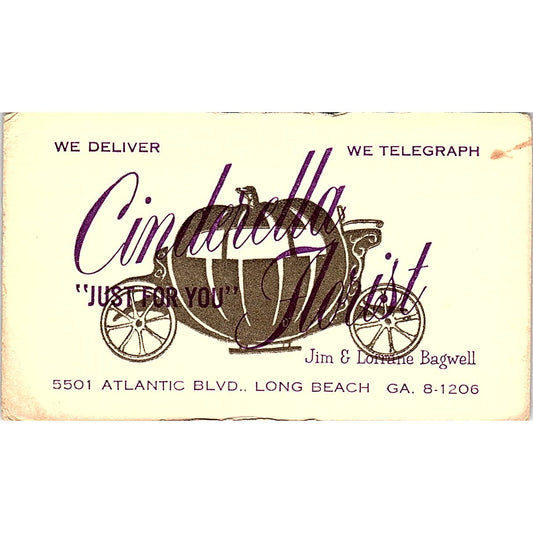 Cinderella Florist Jim & Lorraine Bagwell Long Beach Vtg Business Card TH2-B1