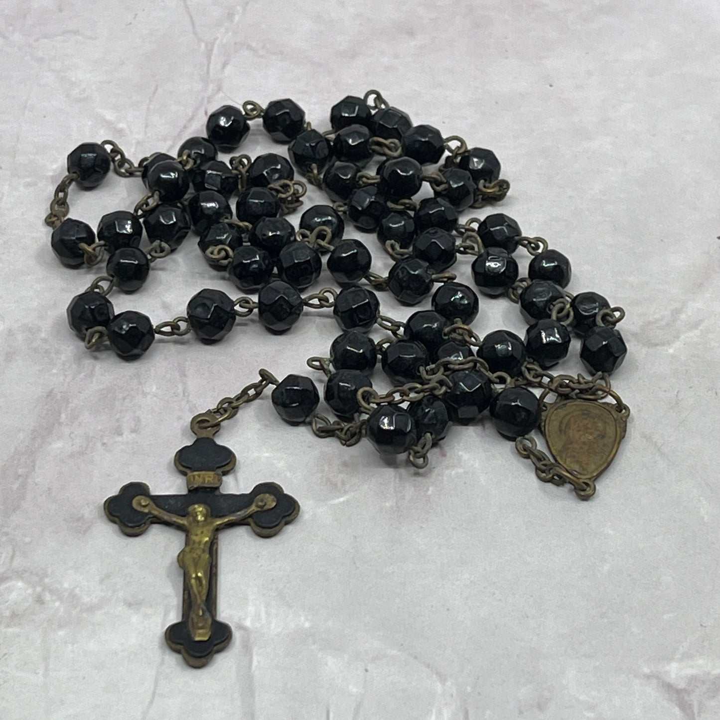 Vintage Black Glass Catholic Rosary Scapular Italy Marian Prayer Beads SE2-1
