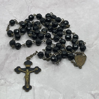 Vintage Black Glass Catholic Rosary Scapular Italy Marian Prayer Beads SE2-1
