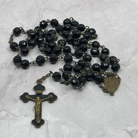 Vintage Black Glass Catholic Rosary Scapular Italy Marian Prayer Beads SE2-1