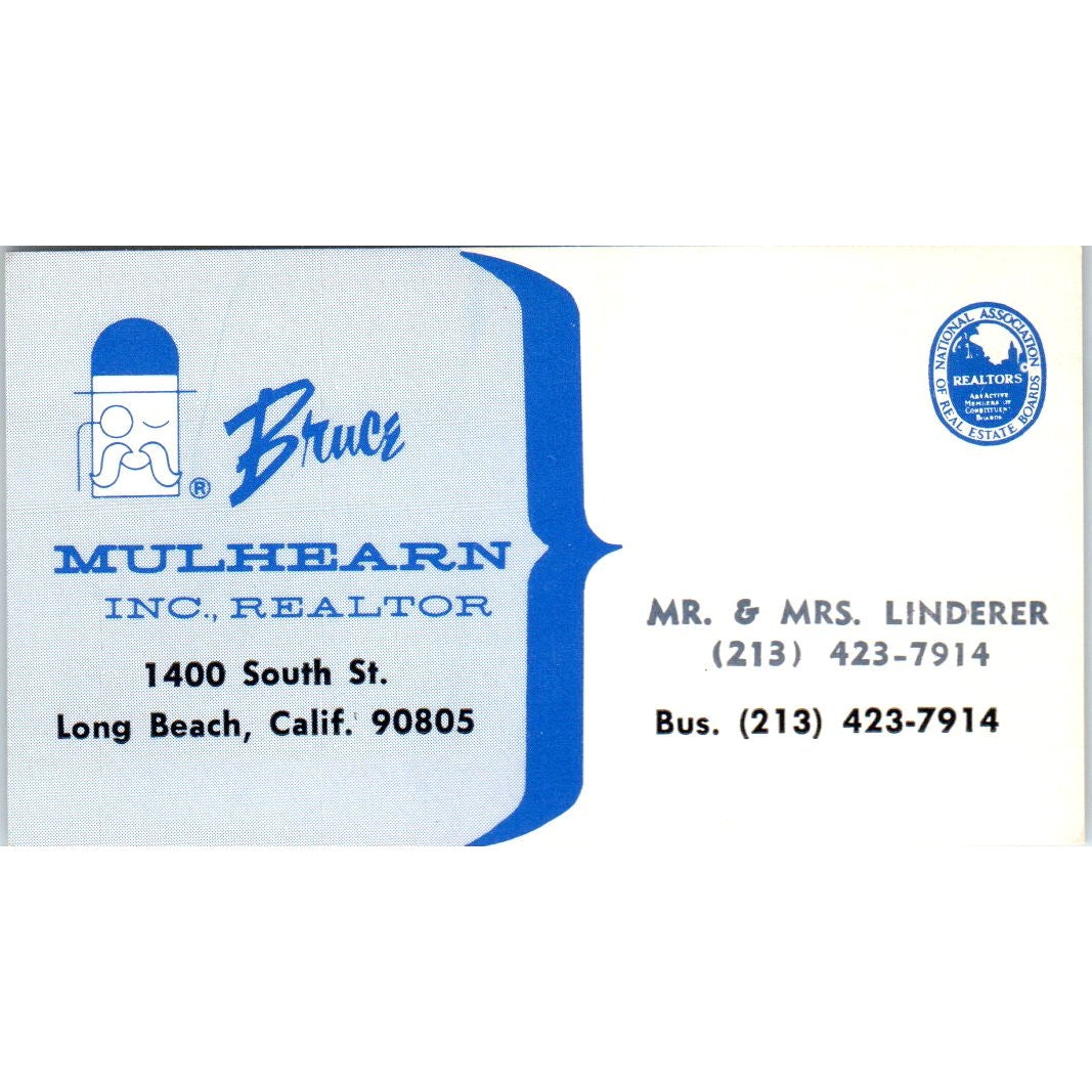 Mr & Mrs Linderer Bruce Mulhearn Realtor Long Beach Vintage Business Card SD4-B5