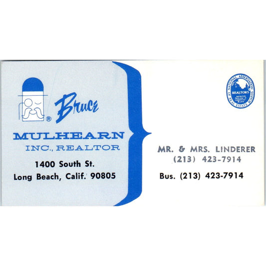Mr & Mrs Linderer Bruce Mulhearn Realtor Long Beach Vintage Business Card SD4-B5