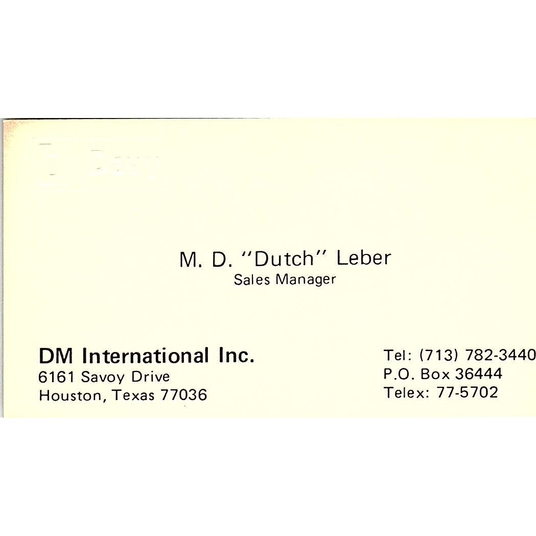 M.D. Dutch Leber DM International Houston Vintage Business Card SC9-B6