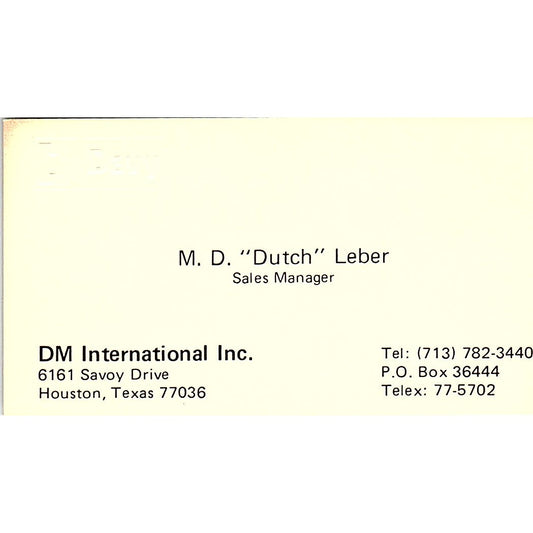 M.D. Dutch Leber DM International Houston Vintage Business Card SC9-B6