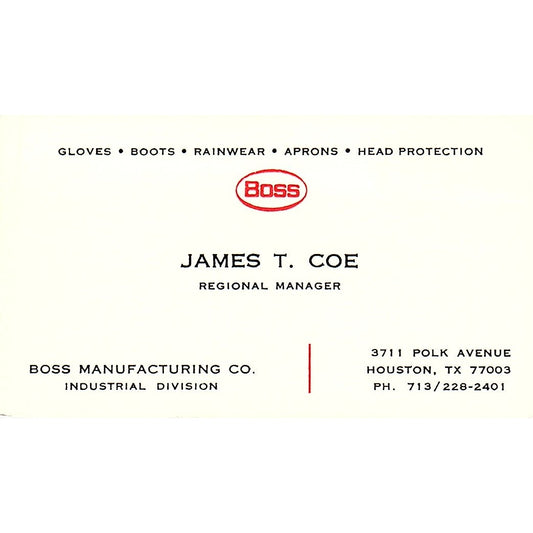 James T Coe Boss Mfg Co Houston Vintage Business Card SC9-B13