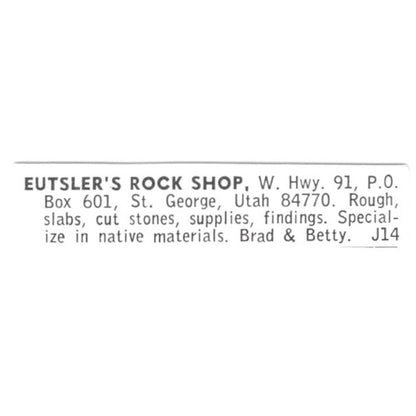 Brad & Betty Eutsler's Rock Shop St. George Utah 1972 Ad AF8-S14