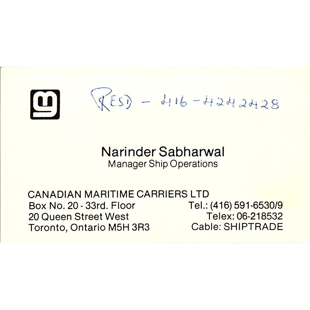 Narinder Sabharwal Canadian Maritime Carriers Toronto Vtg Business Card SC9-B4