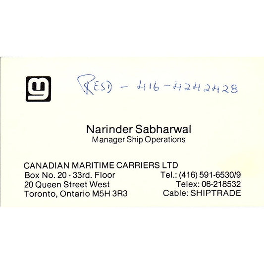 Narinder Sabharwal Canadian Maritime Carriers Toronto Vtg Business Card SC9-B4