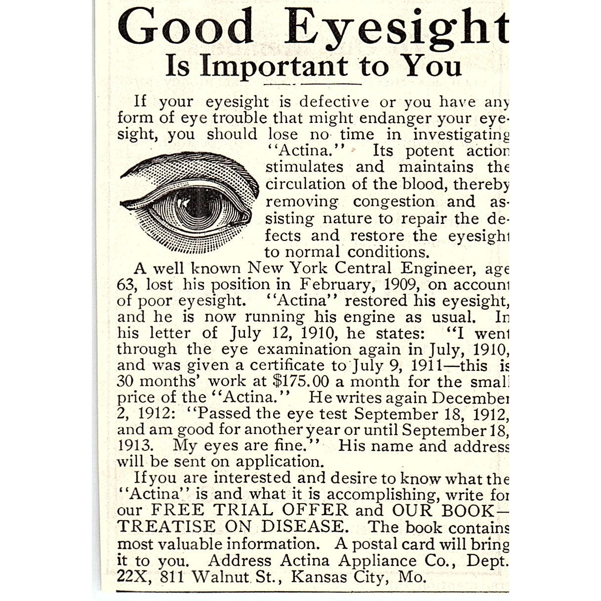 Actina Appliance Co Eyesight Treatment Kansas City MO 1914 Original Ad AF3-Q4