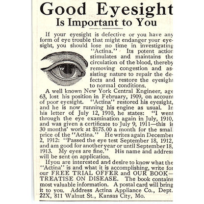 Actina Appliance Co Eyesight Treatment Kansas City MO 1914 Original Ad AF3-Q4