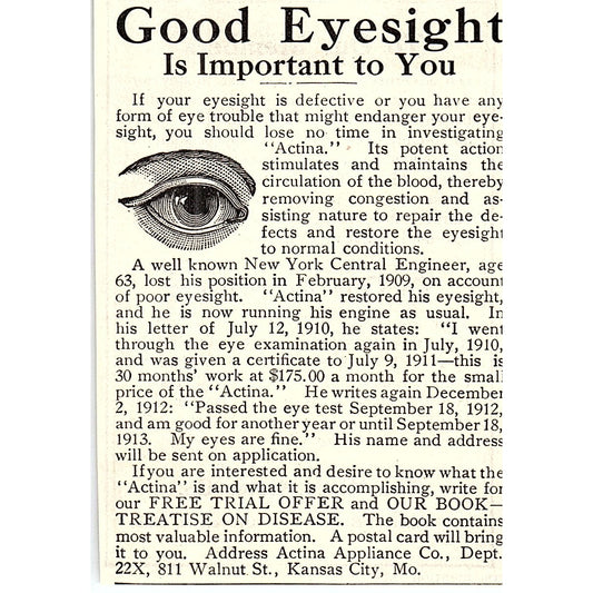 Actina Appliance Co Eyesight Treatment Kansas City MO 1914 Original Ad AF3-Q4
