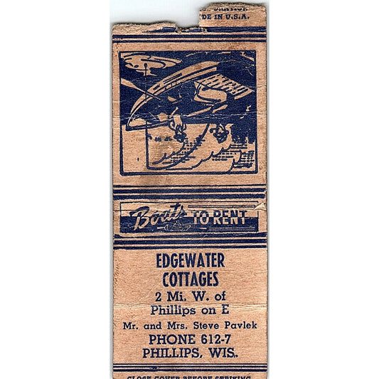 Edgewater Cottages Steve Pavlek Phillips WI Vintage Matchbook Cover SF3-Y1