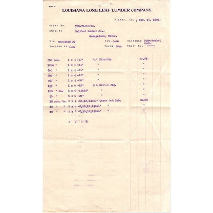 1909 Louisiana Long Leaf Lumber Company Fisher LA Billhead Letterhead D17