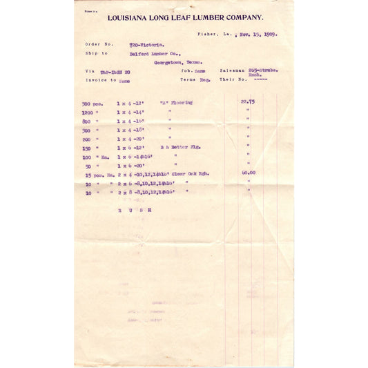 1909 Louisiana Long Leaf Lumber Company Fisher LA Billhead Letterhead D17