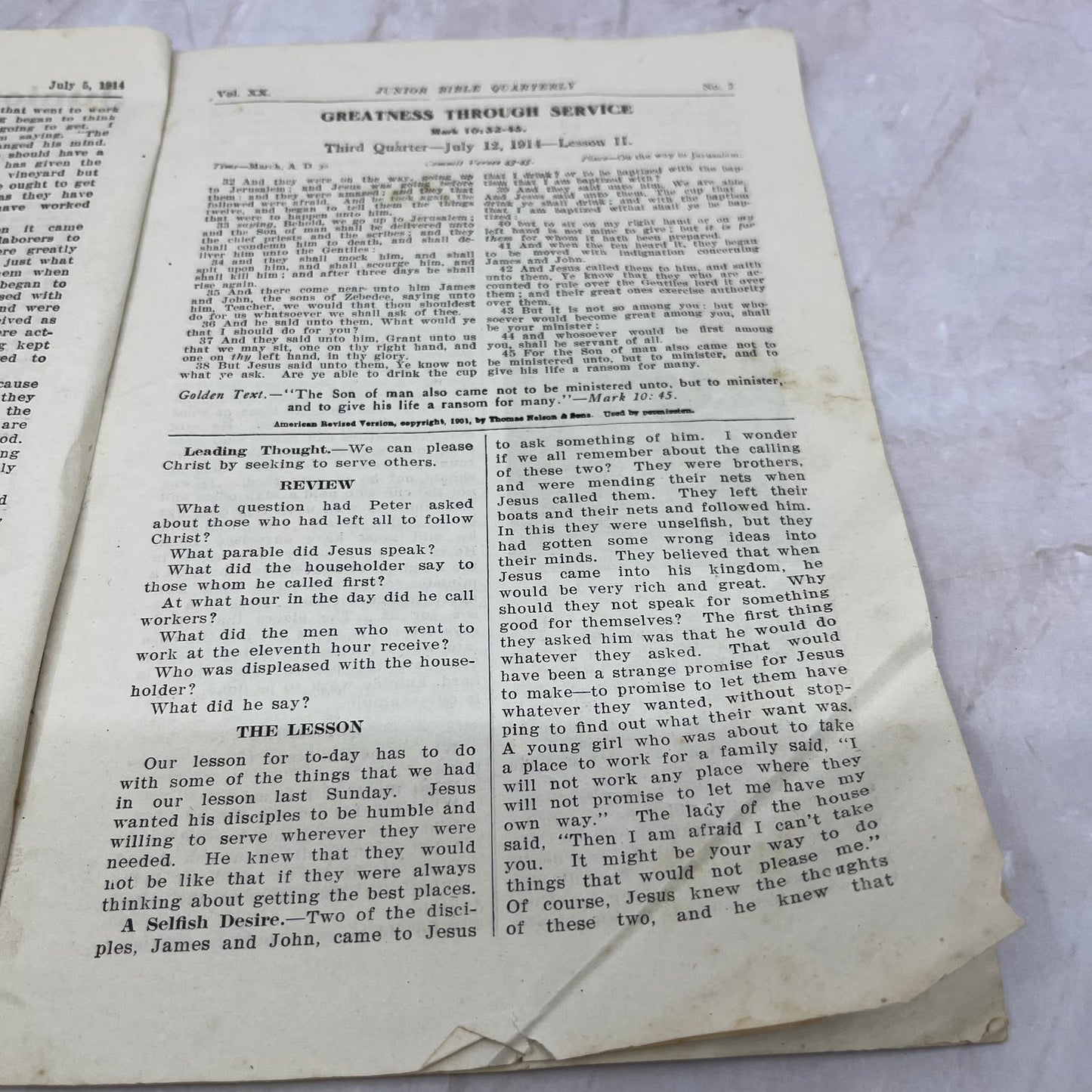 1914 Junior Bible Quarterly Laborers in the Vineyard Matt 20:1-16 TG8-VV