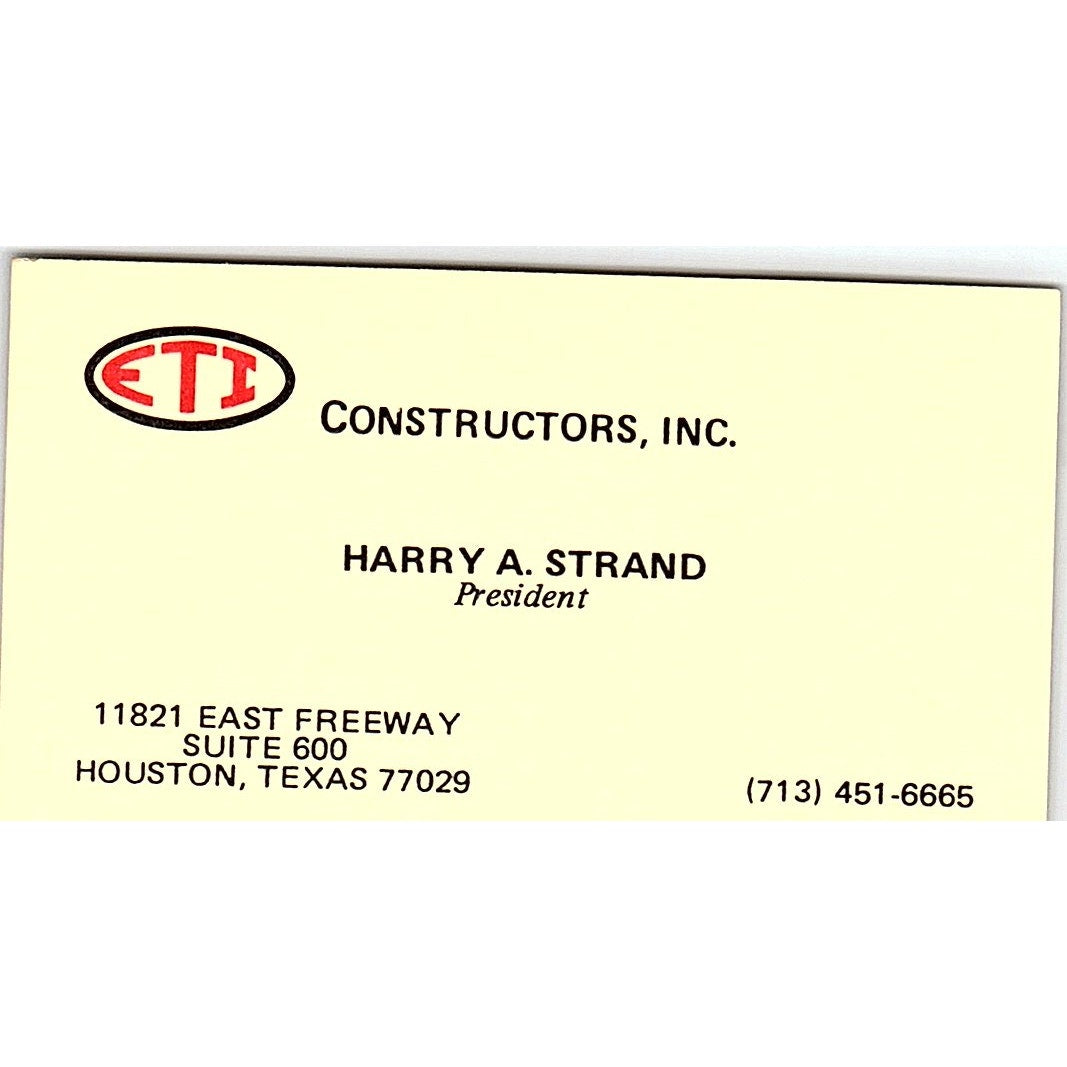 Harry A Strand ETI Constructors Inc Houston TX Vintage Business Card SD9-B3
