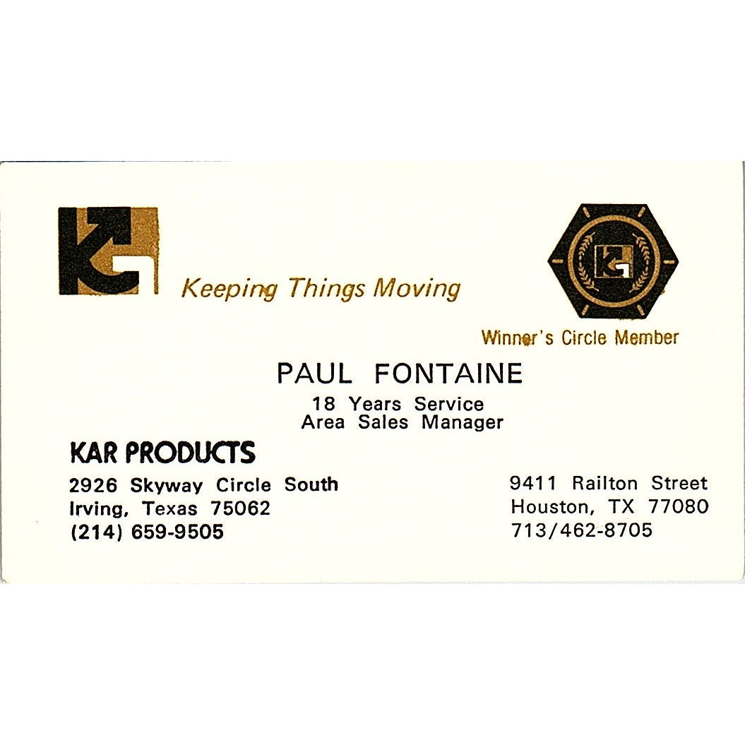 Paul Fontaine Kar Products Irving, Houston TX Vintage Business Card SD9-B13