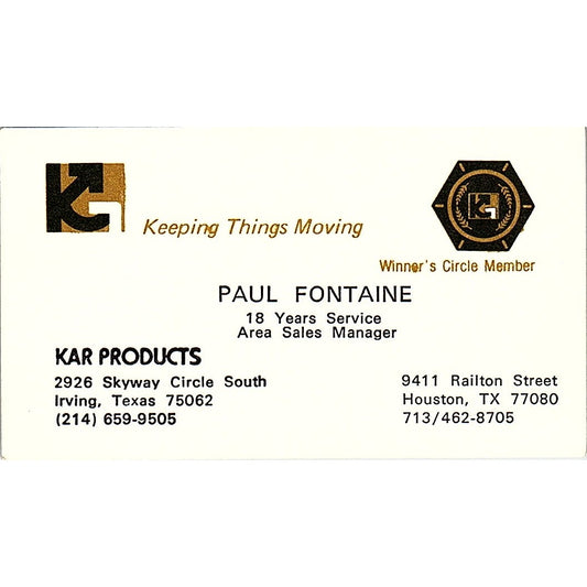 Paul Fontaine Kar Products Irving, Houston TX Vintage Business Card SD9-B13