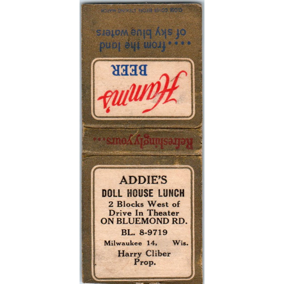 Addie's Doll House Lunch Harry Cliber Milwaukee Hamms Beer Vtg Matchbook SF4-Y4