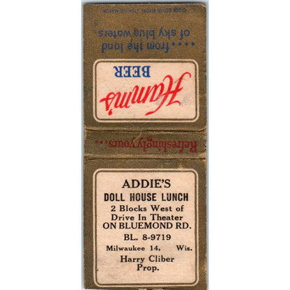 Addie's Doll House Lunch Harry Cliber Milwaukee Hamms Beer Vtg Matchbook SF4-Y4